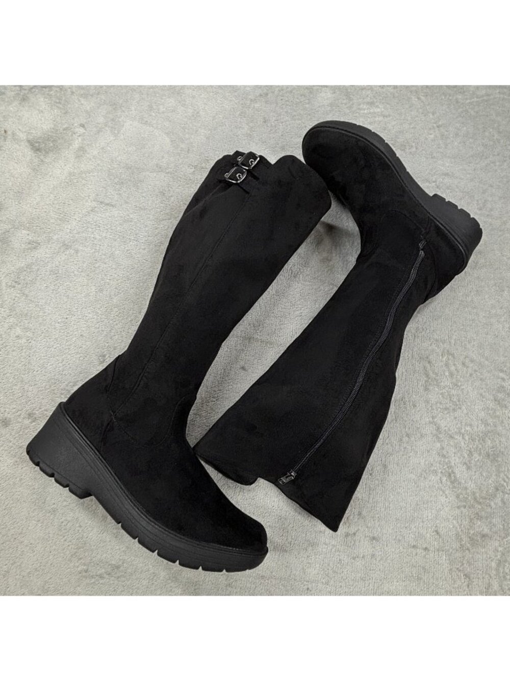 BZees Boot Womens 8.5 Black Faux Suede Wedge Heel Side Zip Buckle Details Hiking